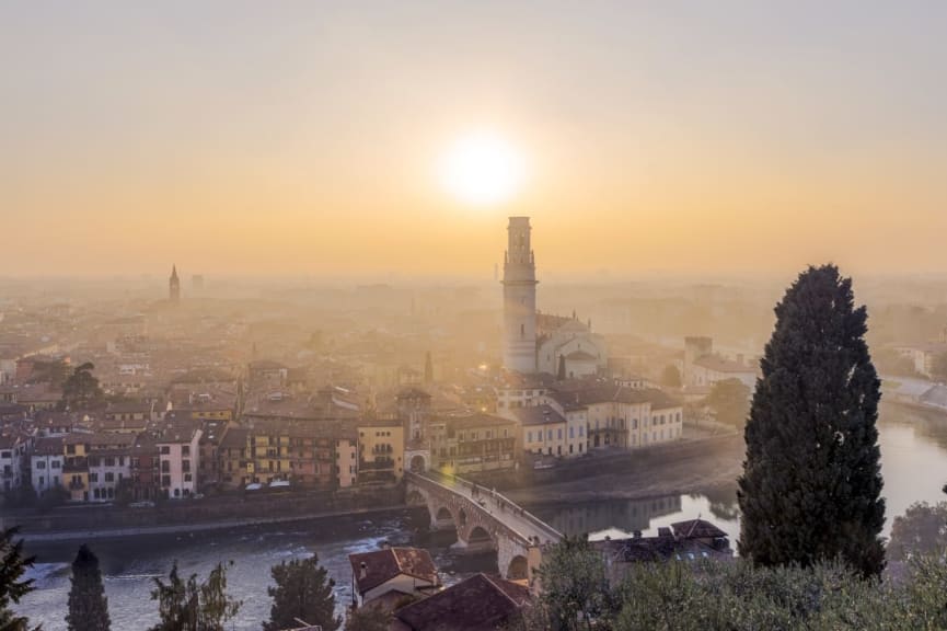 Romantic foggy sunset in Verona, Italy