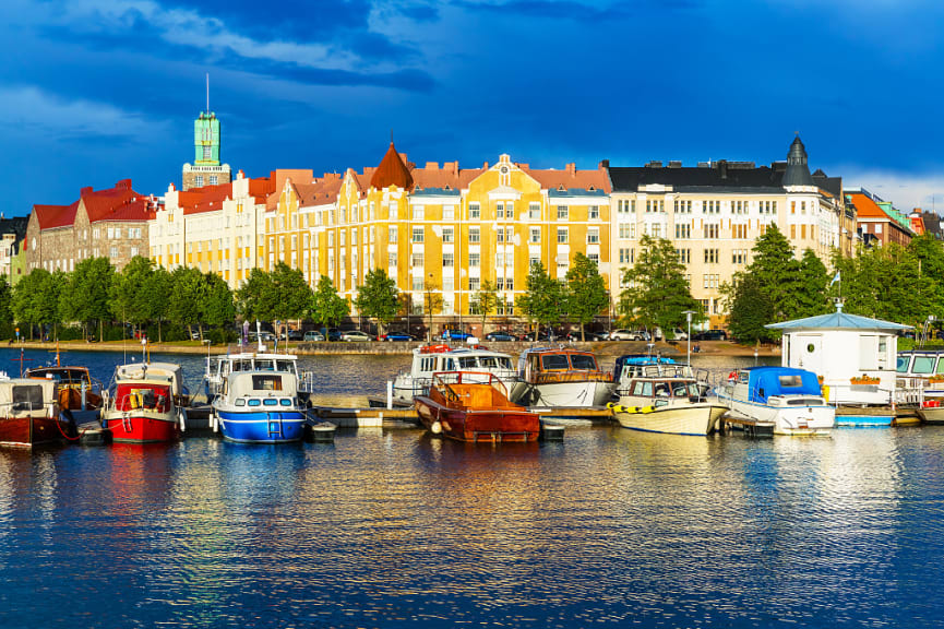 Old Town pier with boats in Helsinki, Finland