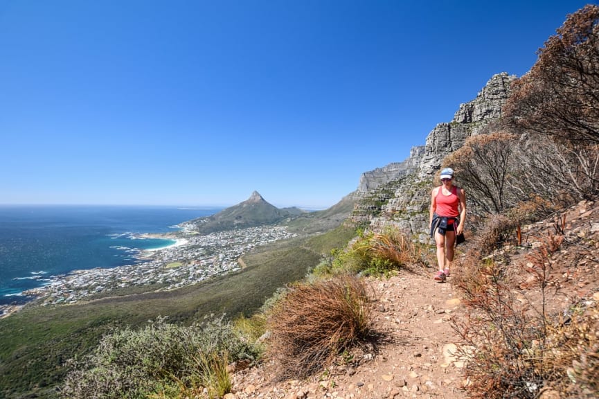 Woman hiking Table Mountain in Cape Town, South Africa