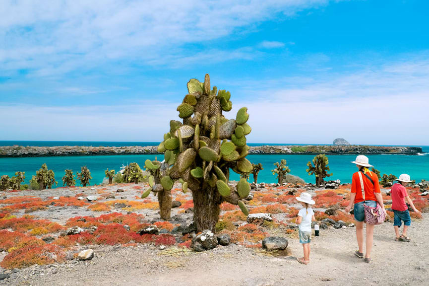 Family hiking in the Galapagos Islands