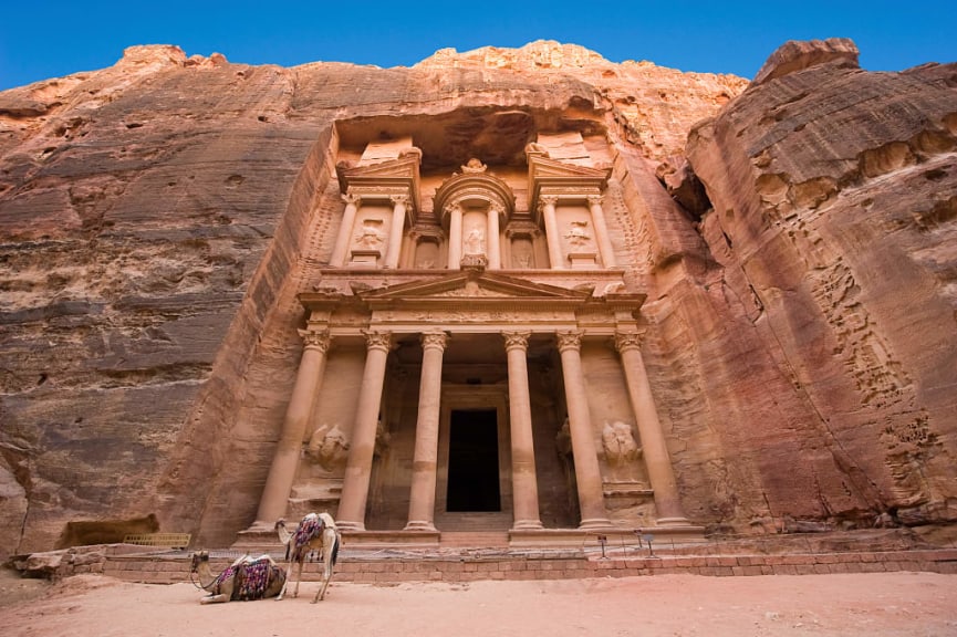 The facade of Al Khazna, carved into the sandstone rock in Petra, Jordan