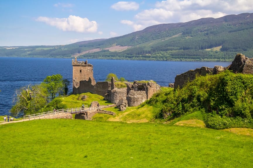 Ruins of Urquhart Castle on Loch Ness in the Highlands of Scotland