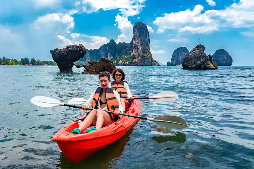 Mother and daughter kayaking in Krabi, Thailand