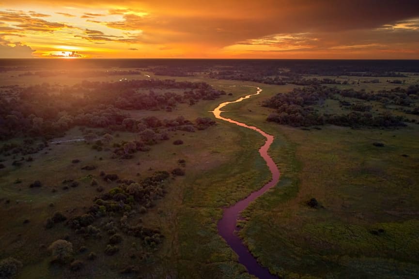 Aerial sunset in Okavango Delta, Botswana