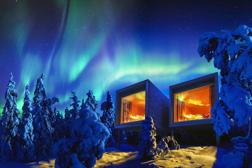 Northern lights over Arctic TreeHouse in Rovaniemi, Lapland, Finland