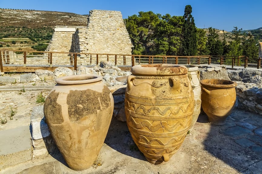 Antique Greek vases from the Minoan culture, located in the ruins of Knossos Palace in Heraklion on Crete island, Greece.