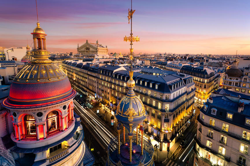 An aerial view of Paris at night