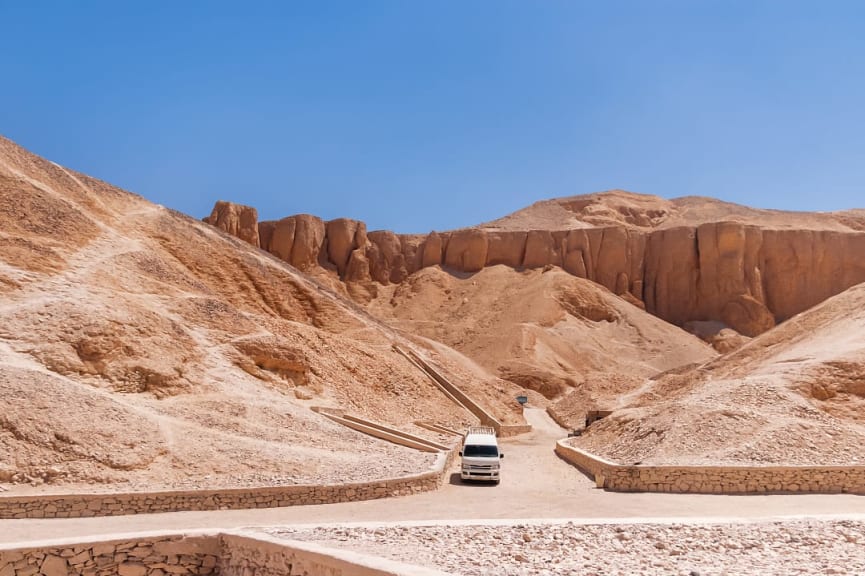 Tour van at the Valley of the Kings in Luxor, Egypt