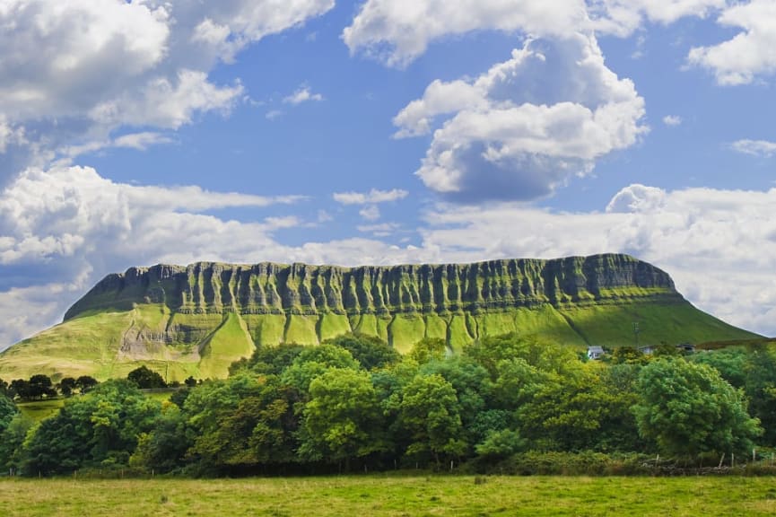 Typical landscape of the Emerald Isle and Mount Ben Bulben, County Sligo, Wild Atlantic Route, Ireland.