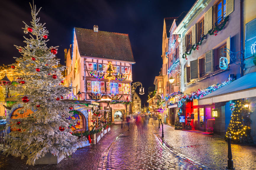 The old town of Colmar, in the Alsace region, decorated for Christmas