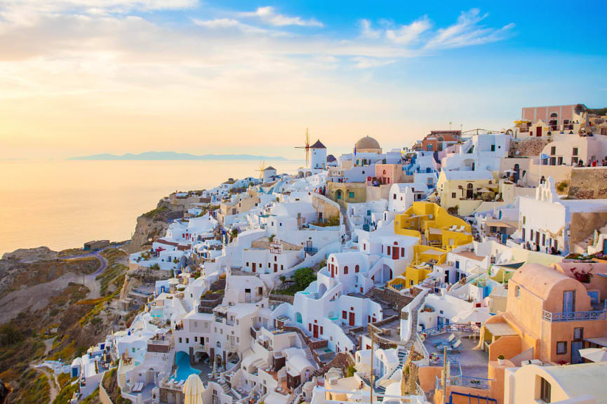 Santorini Island at sunset in Greece