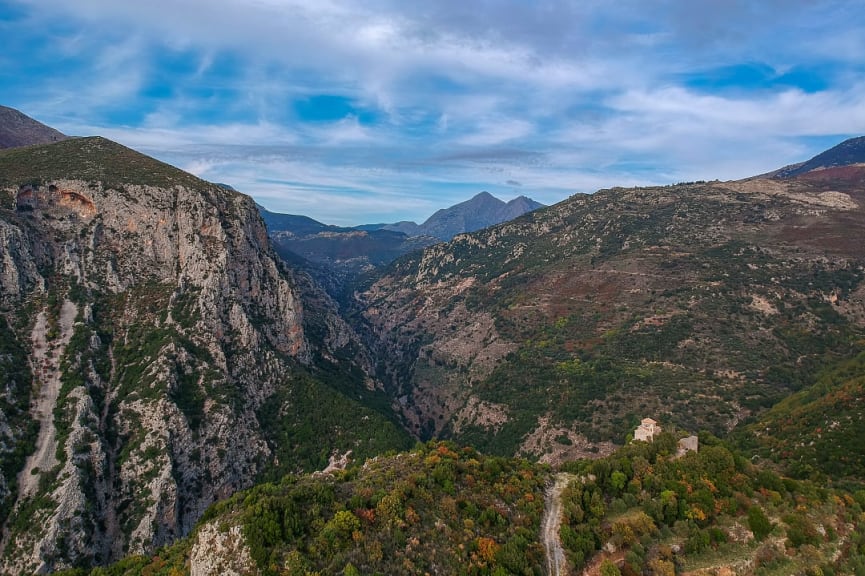 Amazing view over Ridomo Gorge with Prophet Helias church in Greece