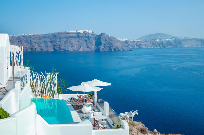 Azure waters of the Aegean Sea, Oia, Santorini.