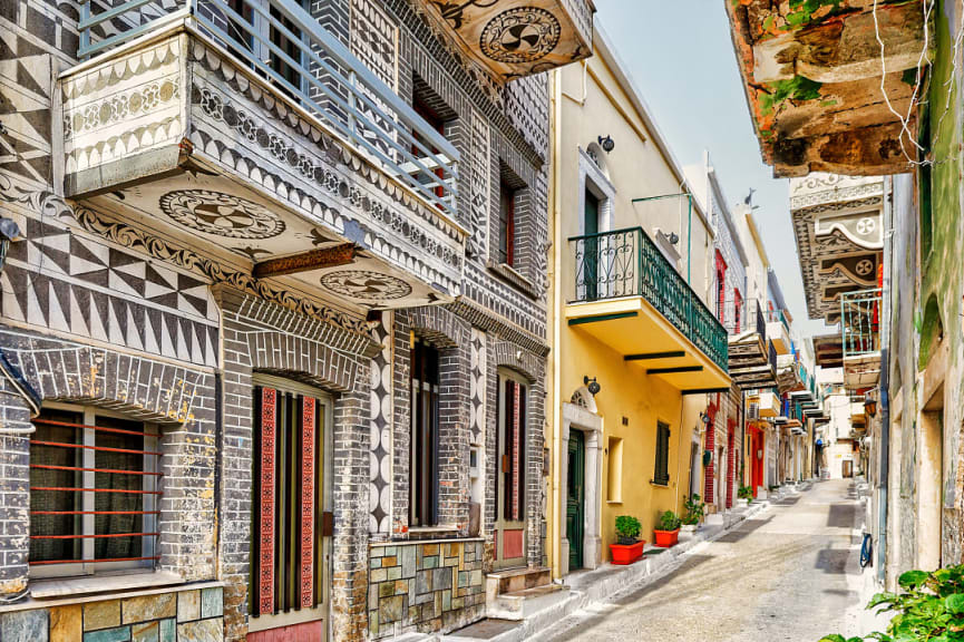 Geometric designs in the architecture of Pyrgi on the island of Chios, Greece