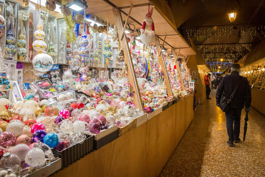 Christmas balls and decorations in Bologna Christmas market