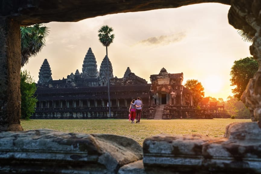 Couple walking together at Angkor Wat in Siem Reap, Cambodia