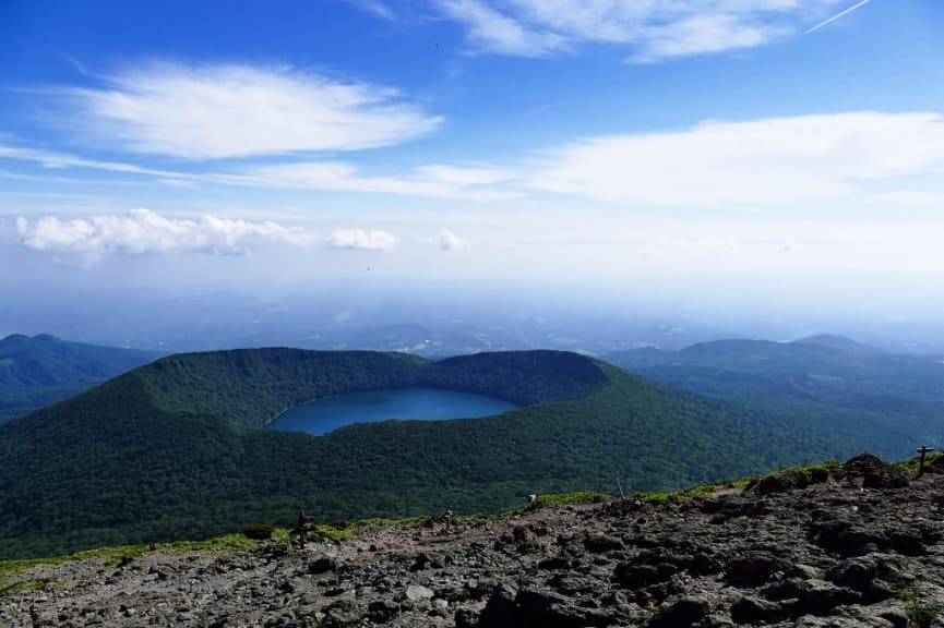 View of Onami Crater Lake from Karakuni Peak in the Kirishima Range