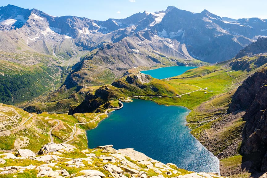 Stunning scenery of Gran Paradiso park lakes, from Col Nivolet in Italy