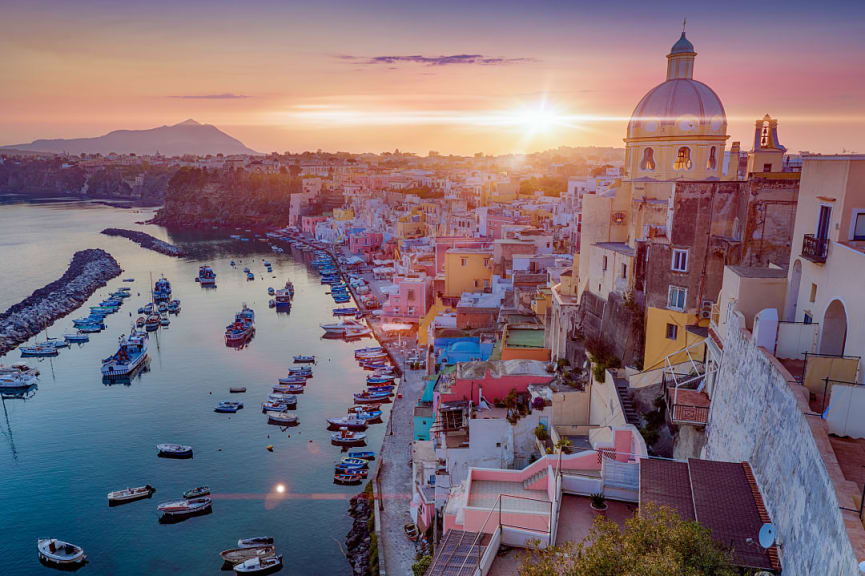 Romantic sunset over Procida, one of the Flegrean Islands off the coast of Naples in southern Italy