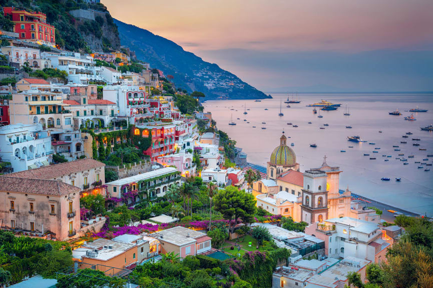 Positano at sunset on the Amalfi Coast, Italy