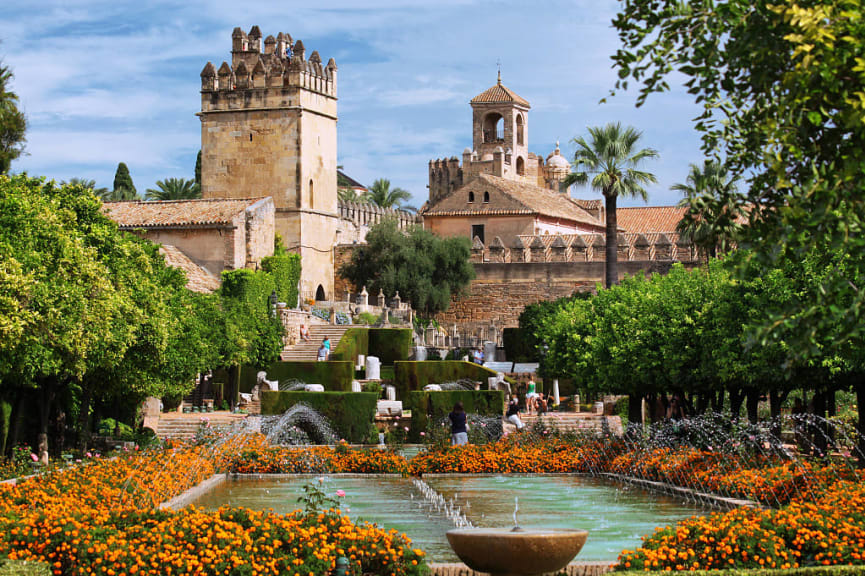 Blooming gardens and fountains of Alcazar de los Reyes Cristianos in Cordoba, Spain