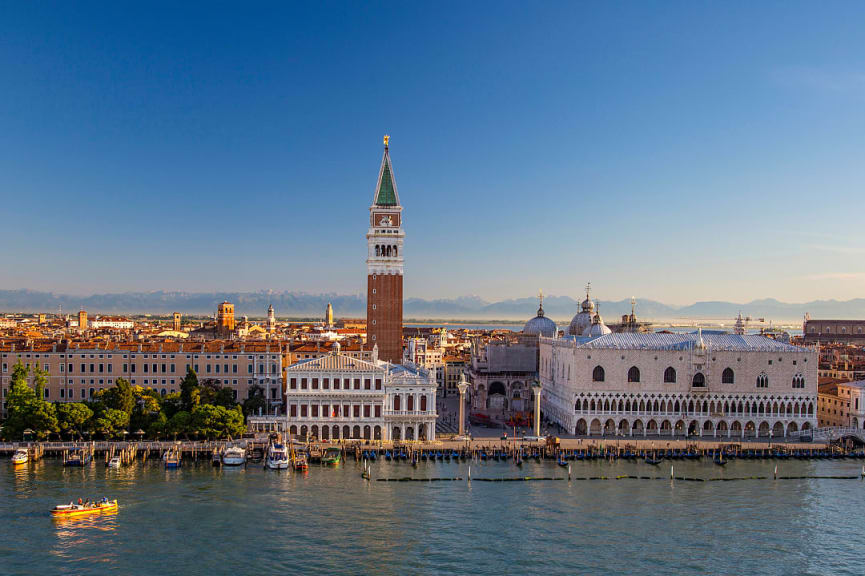 View of the Doge's Palace, Campanile, St. Mark's Basilica and St. Mark's Square in Venice, Italy