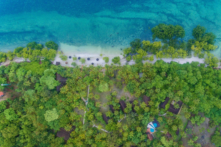 Aerial view of Pole Pole Resort and beach in Mafia Island, Tanzania