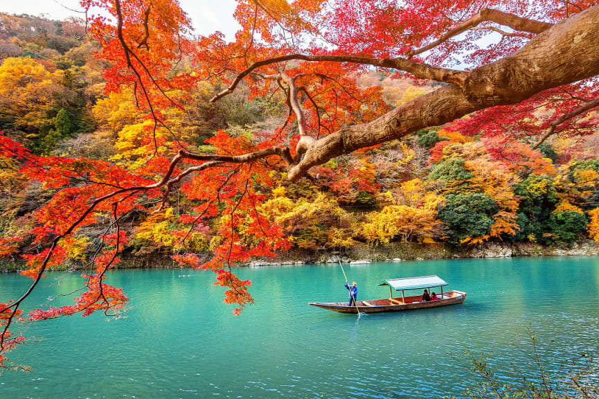 Boatman on the Katsura River during autumn in Kyoto, Japan