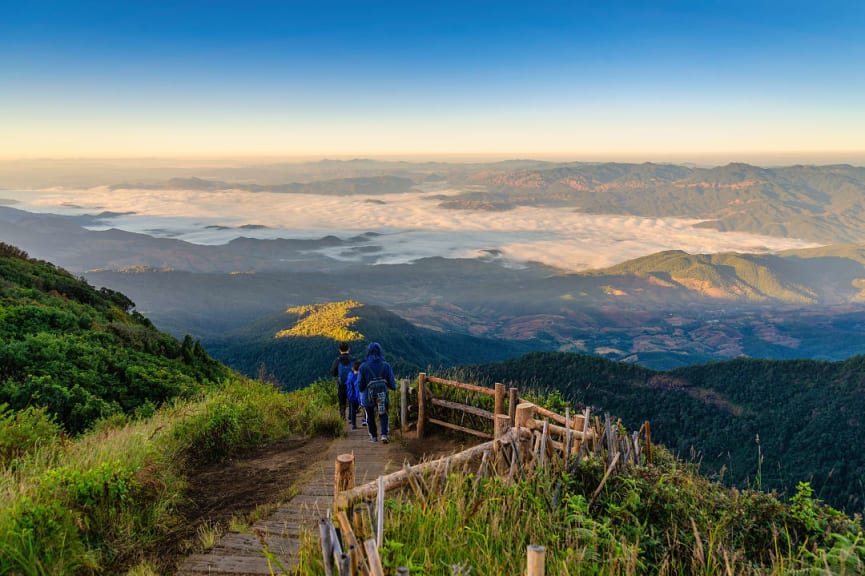 Hikers on Kew Pan Nature Trail in Doi Inthanon National Park, Chiang Mai, Thailand