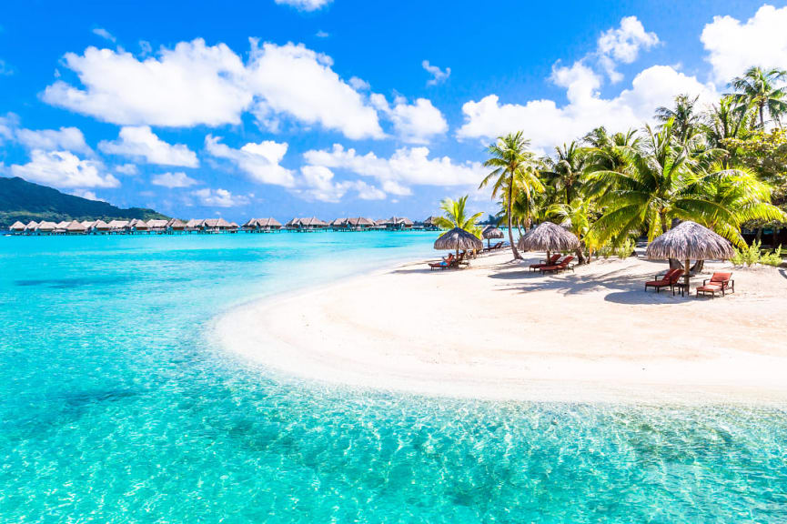 Beach and bungalows in Bora Bora, French Polynesia