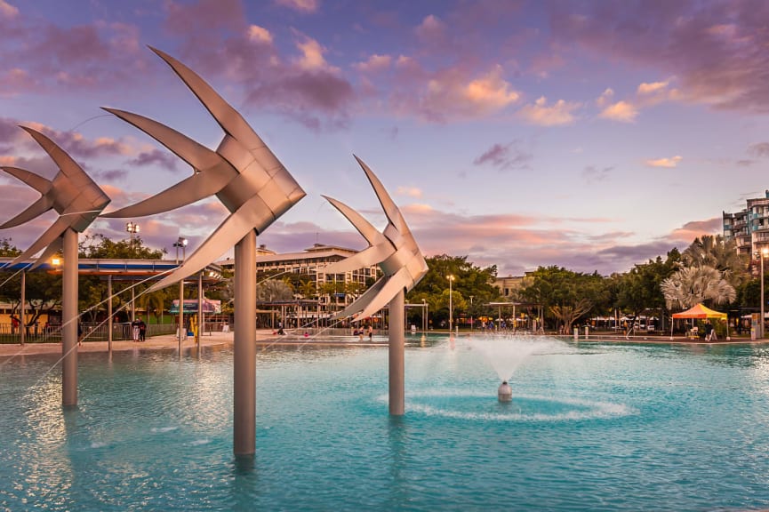 The Cairns Esplanade Lagoon at dusk in Australia.