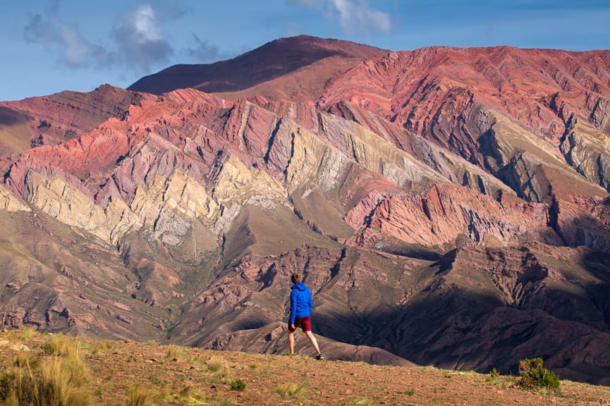 Hiker at the Serranía de Hornocal mountains near Humahuaca in the Argentine province of Jujuy