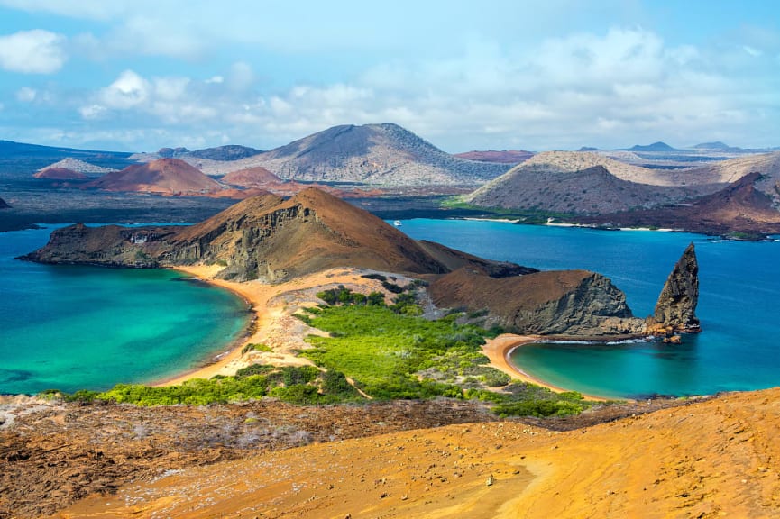 View of two beaches on Bartolome Island in the Galapagos Islands in Ecuador.