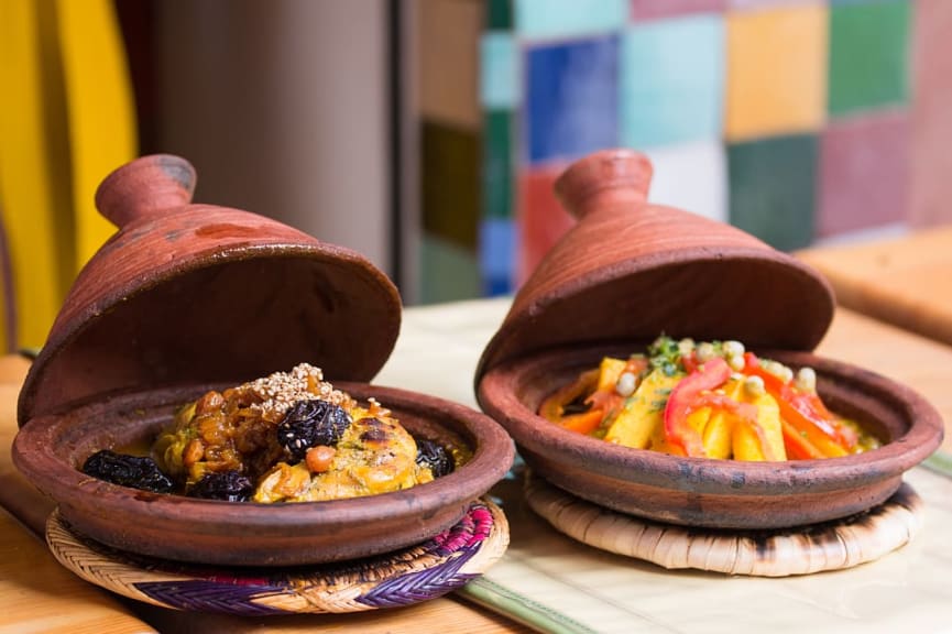 Meat and vegatables served in a tajine dish in Essaouira, Morocco