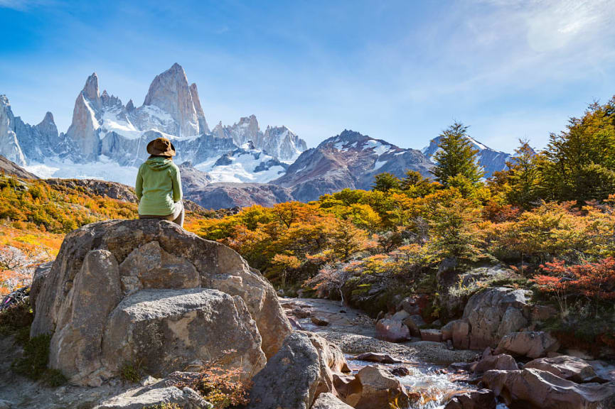 Traveler in autumn at Mt Fitz Roy in Patagonia