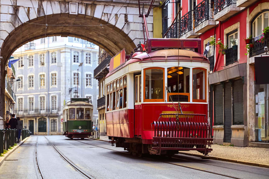 Trams in the Alfama district of Lisbon in Portugal