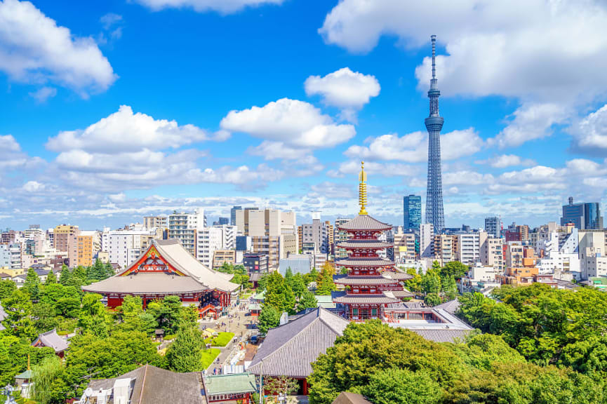 Historic Asakusa with the modern skyline of Tokyo