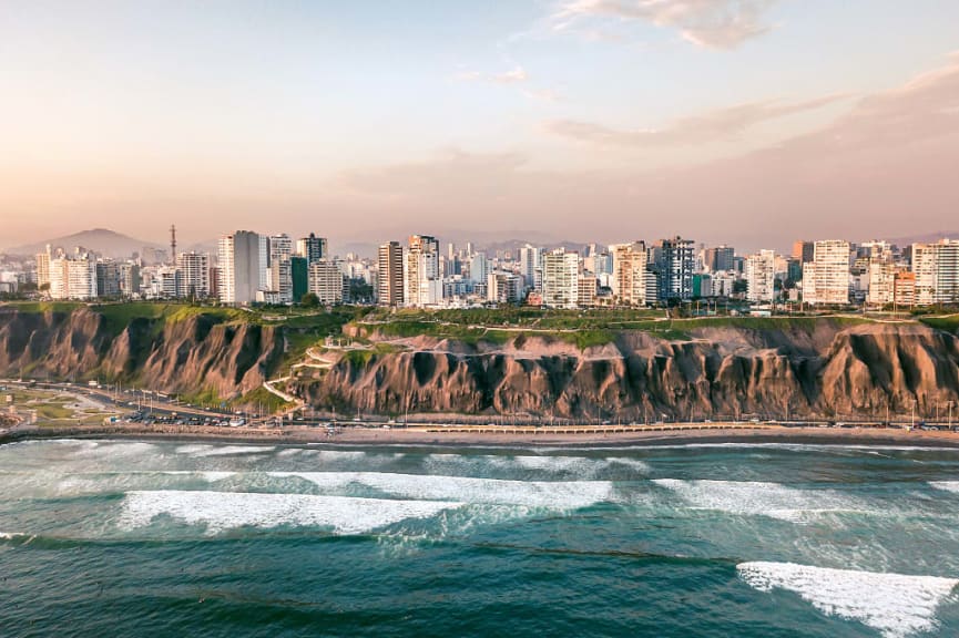 Miraflores district and coastline in Lima, Peru