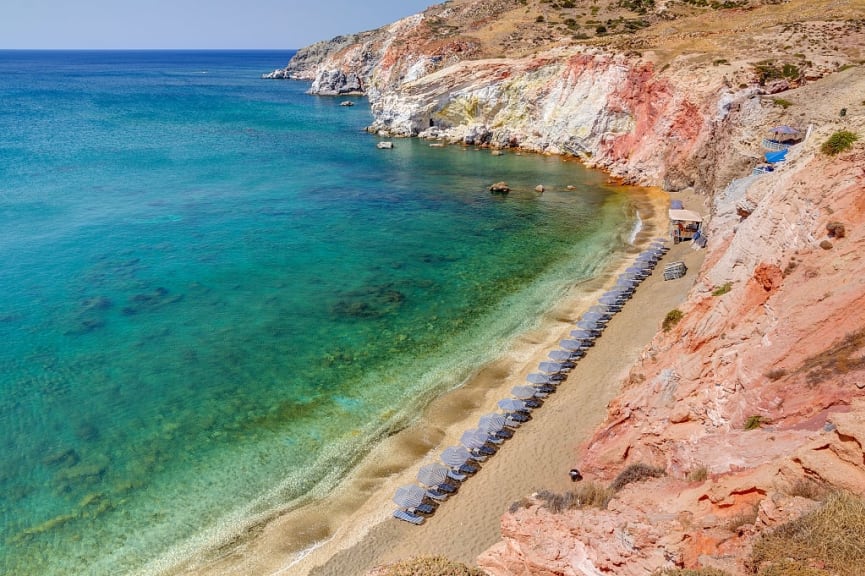 The colorful beach of Paleochori, Milos island, Greece.