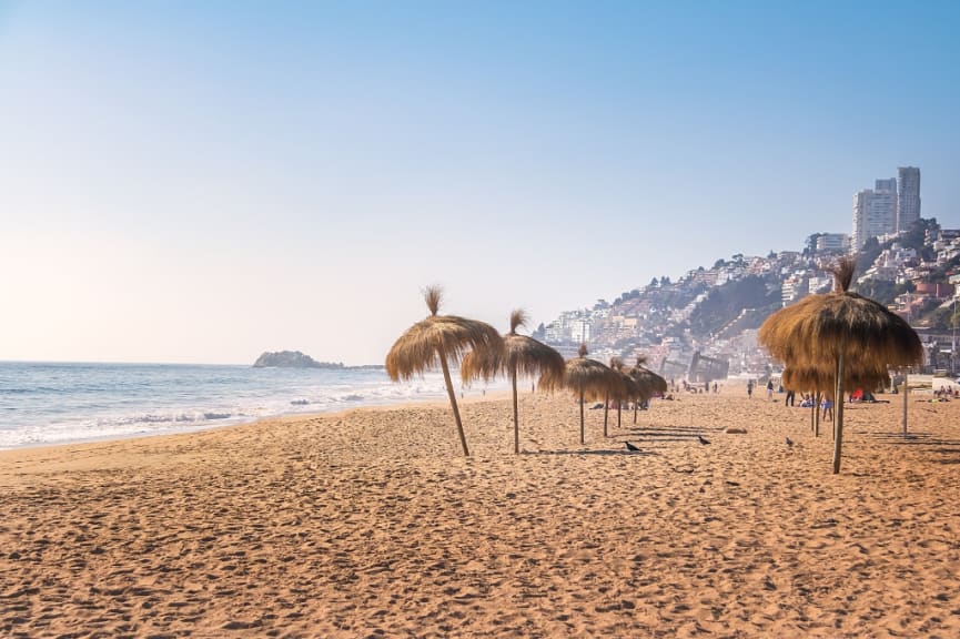 Umbrellas at Renaca Beach in Vina del Mar, Chile