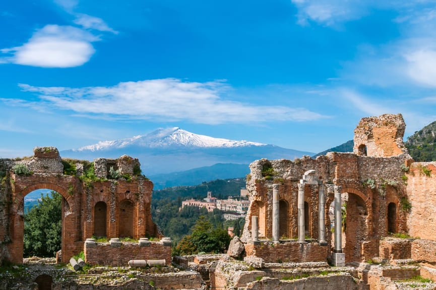 Teatro Antico di Taormina with Mt Etna in Sicily, Italy