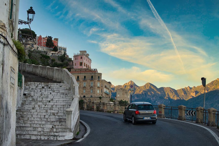 Sunset drive through the city of Atrani on the Amalfi Coast of Italy.