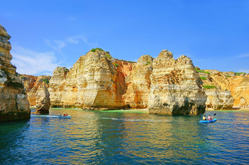 Kayaking around the caves at Ponte de Piedade in Algarve, Portugal