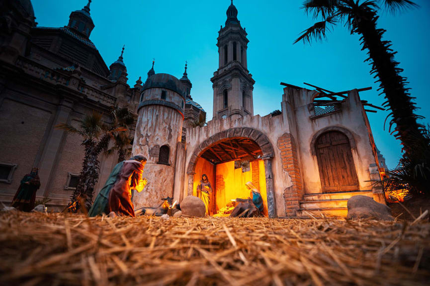 Nativity scene at night in Zaragoza, Spain