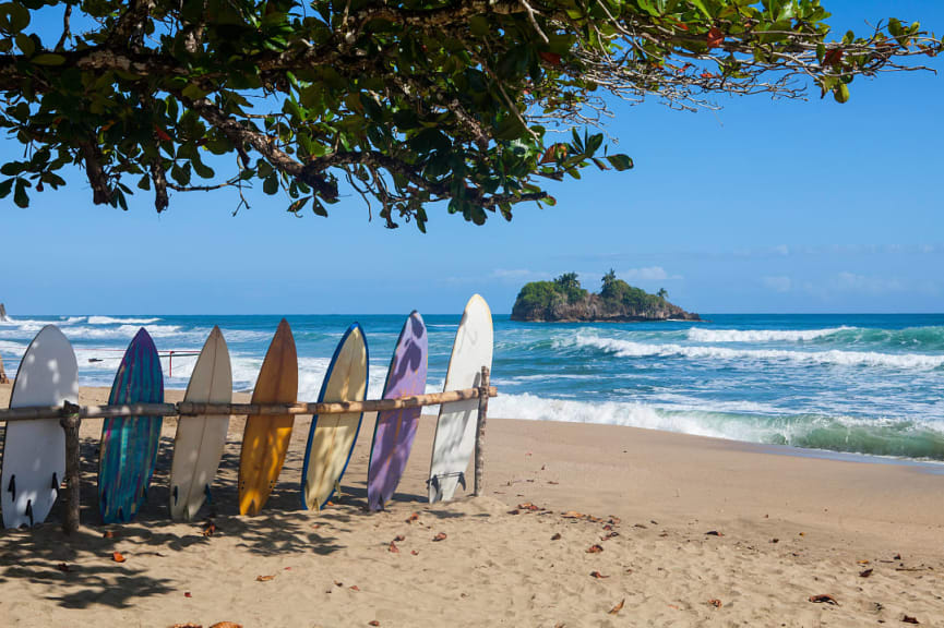 Surfboards on the beach at Playa Cocles in Costa Rica