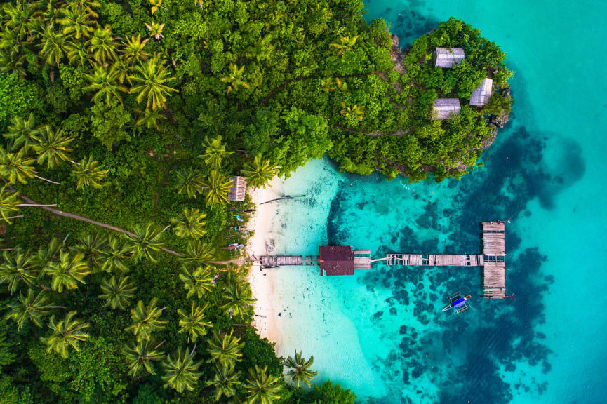 Bird's eye view of pier leading from small beach surrounded by tropical trees into turquoise water of Raja Ampat, Indonesia