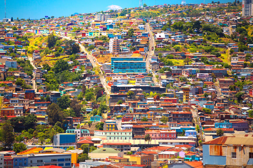 Colorful buildings on the hills of the UNESCO world heritage city of Valparaiso, Chile