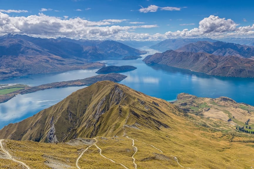 View of Lake Wanaka and surrounding mountains from Roy's Peak Track in New Zealand