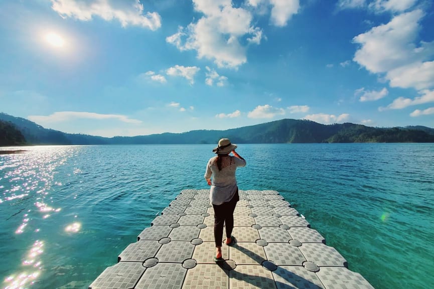 Woman looking out at Lagunas de Montebello in Chiapas, Mexica