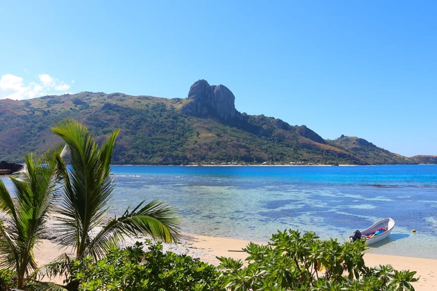 Tropical beach with Yasawa Island in the background in Fiji